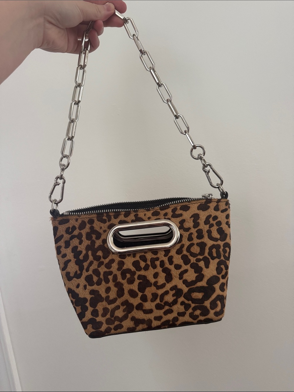 Leopard Print Real Fur Chain Clutch Shoulder Bag